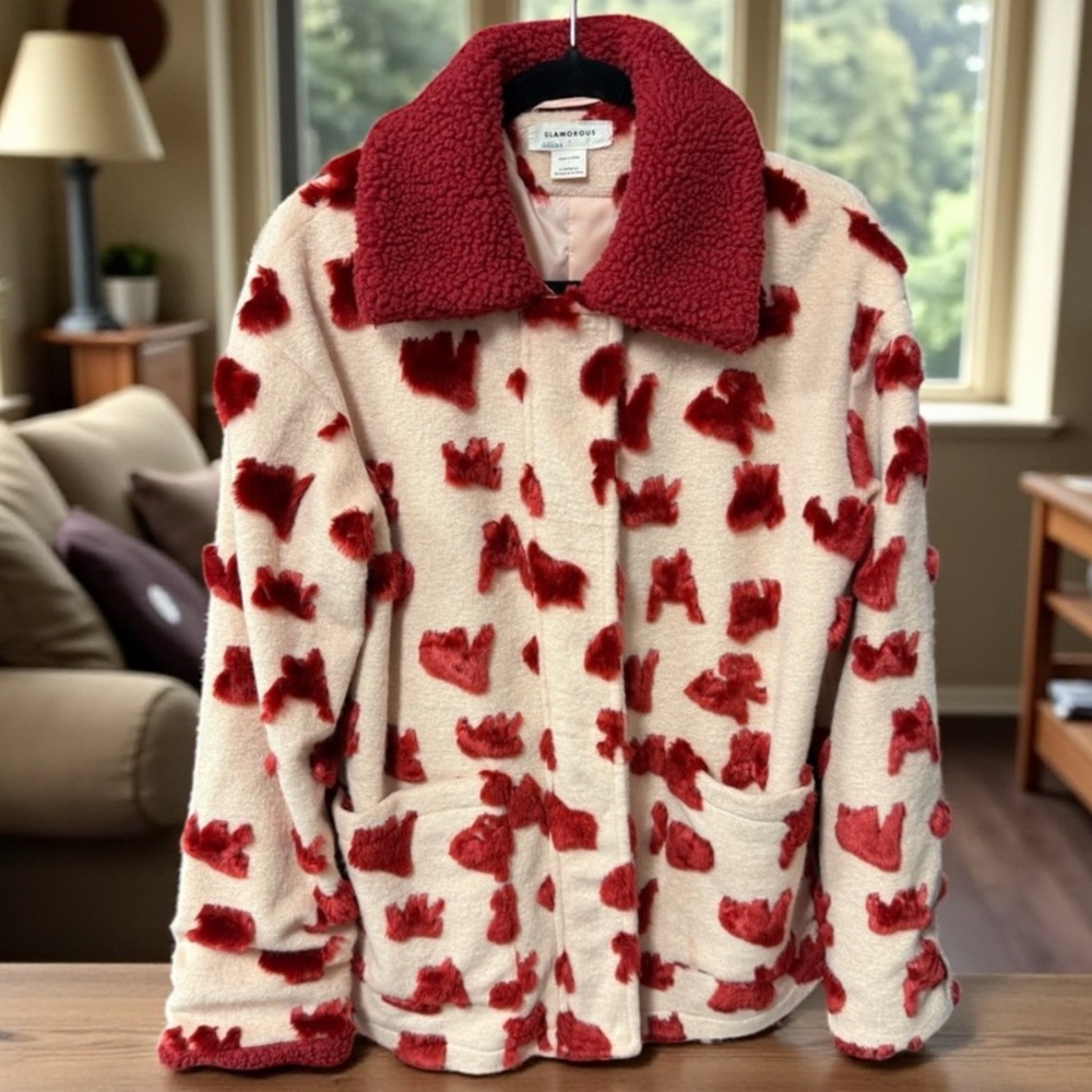Glamorous faux Sherpa jacket coat pink Merlot red zipper snap front $260 new - Picture 2 of 11